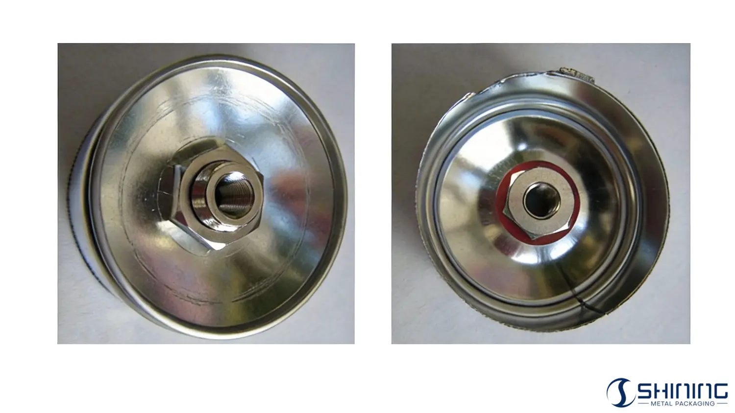 Сравнение основания аэрозольного баллончика до и после испытания под давлением по методу FEA 623, показывающее неповрежденное основание с разъемом насоса и разрушенное основание с радиальной трещиной и деформацией.