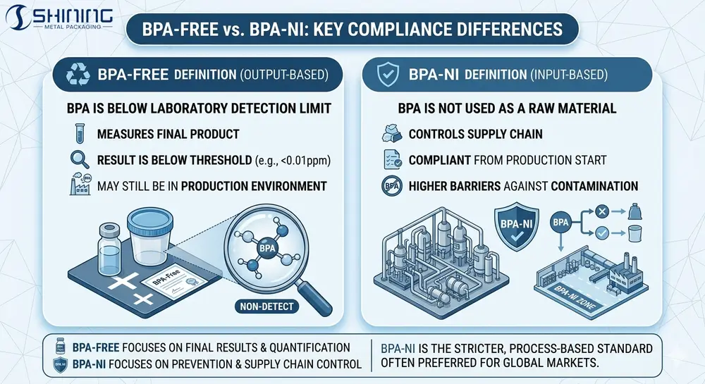 Choosing the Right Internal Liner for Aluminum Beverage Bottles 2 BPA-Free vs BPA-NI comparison showing output-based detection vs process-based supply chain control