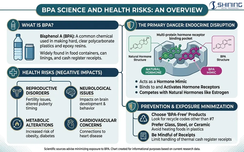 Choosing the Right Internal Liner for Aluminum Beverage Bottles 1 BPA health risks overview showing endocrine disruption and effects on reproductive, neurological, metabolic, and cardiovascular systems
