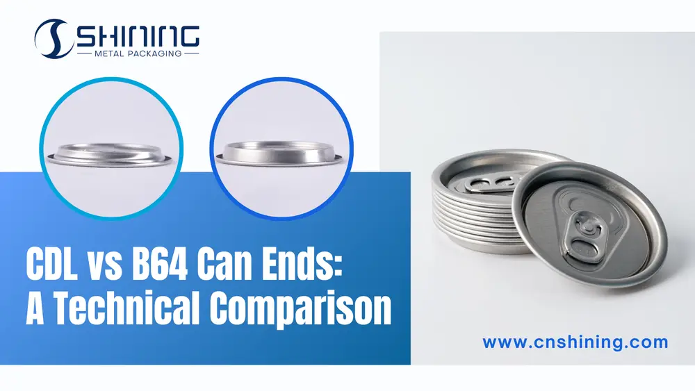Professionelles technisches Vergleichsbild für CDL- und B64-Dosenböden mit nebeneinanderliegenden Profilansichten und einem Stapel Aluminiumdeckel von SHINING Metal Packaging.