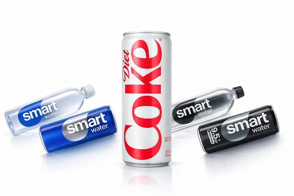 Les canettes élégantes de Coca-Cola Light et Smartwater illustrent une stratégie de différenciation de marque axée sur un design minimaliste haut de gamme.
