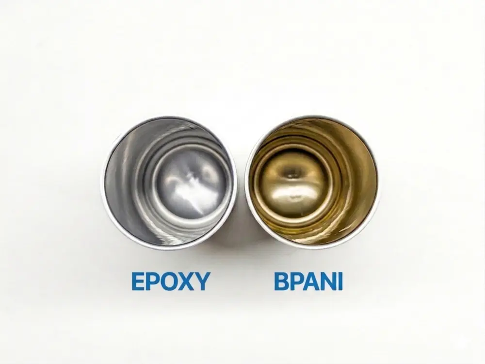 Enthalten Aluminiumdosen BPA? Wissenswertes über die Innenbeschichtung von Getränkedosen 1 Draufsicht zum Vergleich der Innenbeschichtung zweier Aluminium-Getränkedosen, eine mit silberfarbener Epoxidbeschichtung und die andere mit goldfarbener BPANI-Beschichtung.