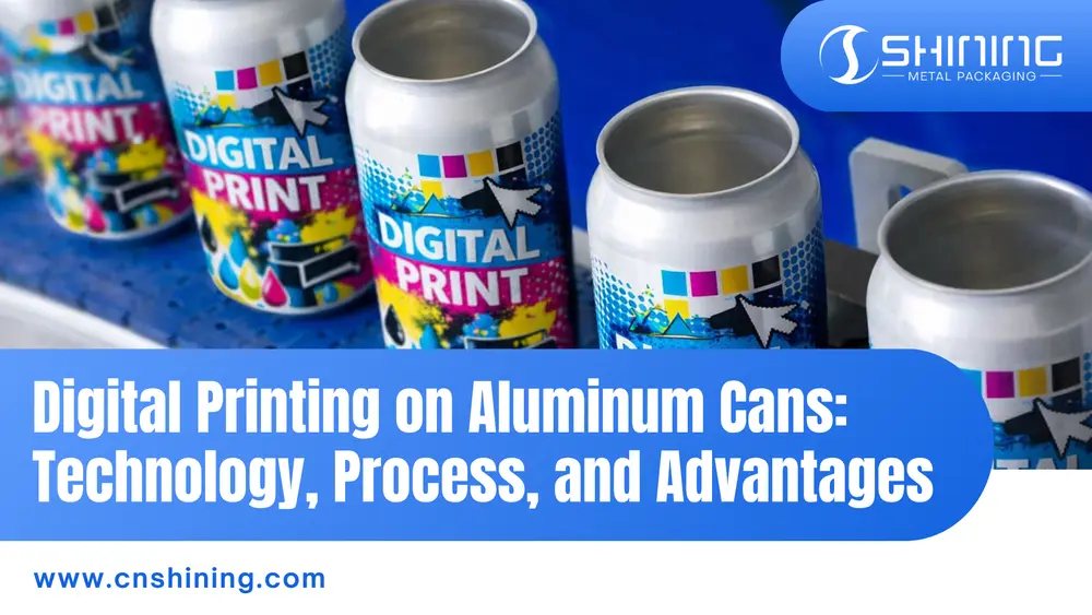 Eine Reihe von Aluminiumdosen mit auffälligem "DIGITAL PRINT"-Schriftzug und CMYK-Farbsymbolen steht auf einem Produktionsband.