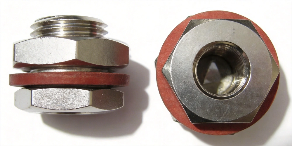 Собранный винтовой фитинг, установленный на основании аэрозольного баллончика, с внутренним и внешним видом, в сжатом состоянии уплотнительной прокладки.