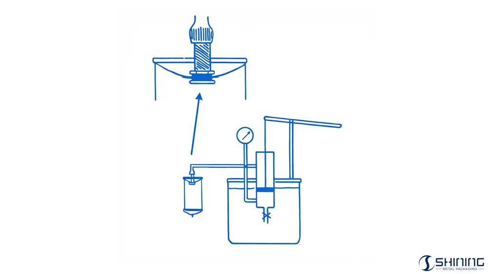 Схема гидравлического испытания под давлением FEA 623, показывающая заполненный аэрозольный баллон, соединенный с насосной системой с манометром и системой подачи воды снизу.