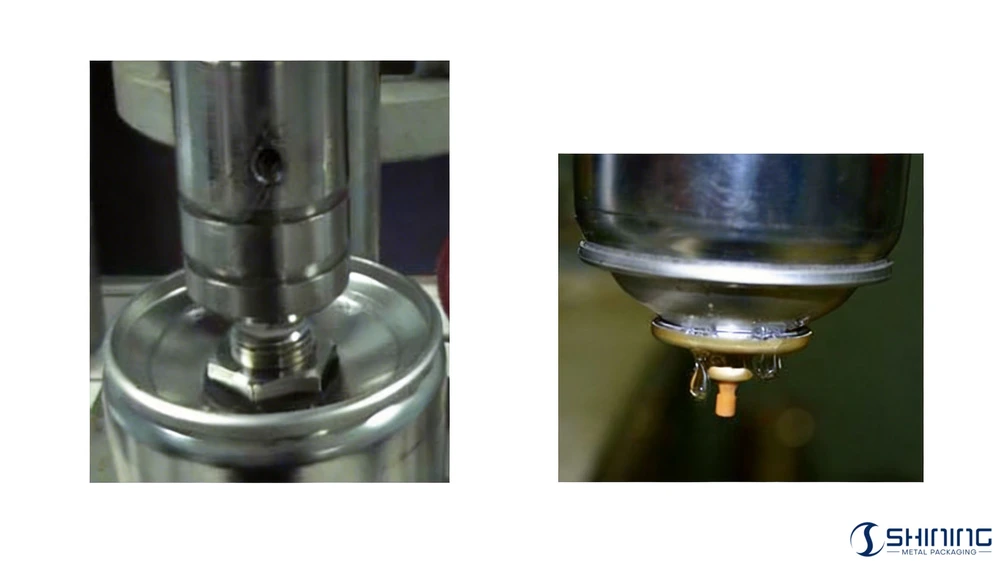 Гидравлические испытания заполненного аэрозольного баллона, демонстрирующие утечку через нижнее соединение насоса и клапан во время создания давления.