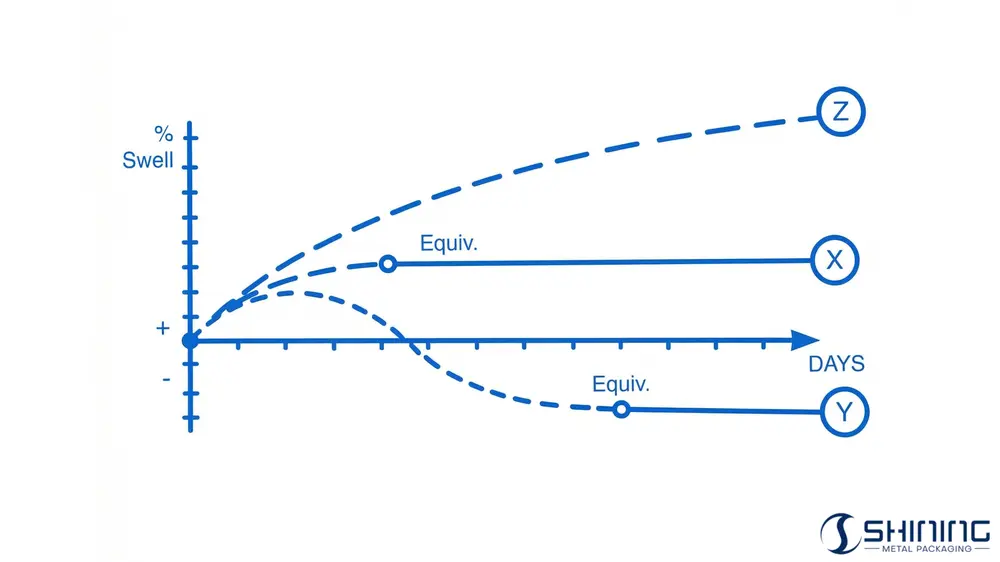 FEA 641 : Joints d’aérosol – Essai de sélection des matériaux 1 Graphique d'équilibre de gonflement du joint FEA 641 montrant trois comportements distincts du matériau : équilibre stable (X), gonflement puis rétrécissement (Y) et gonflement continu (Z) sur une période de jours.