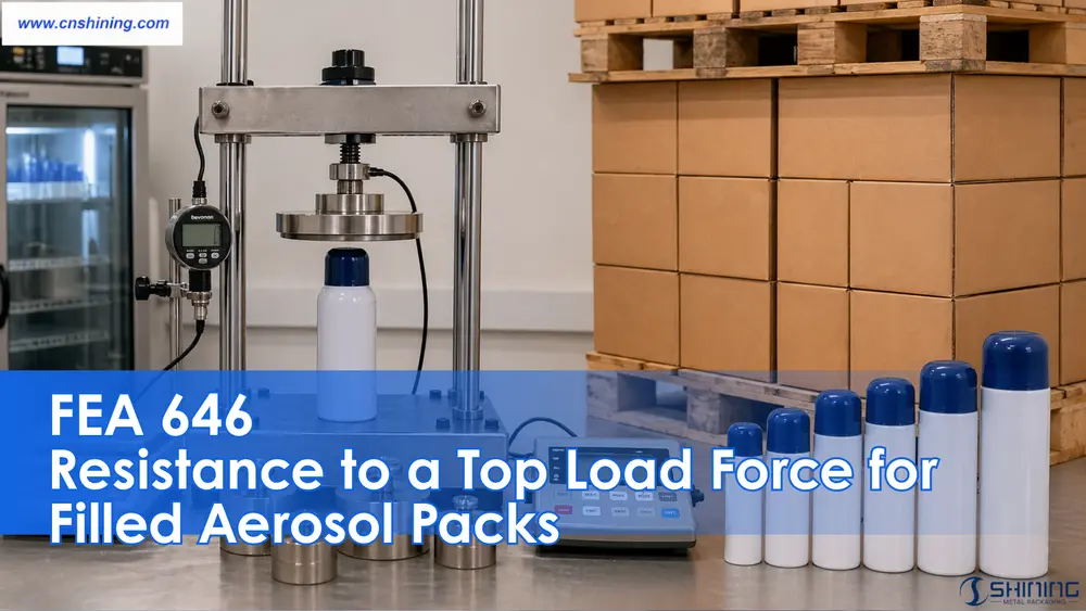 Испытательный стенд FEA 646 для определения сопротивления верхней нагрузке: приложение вертикальной силы к заполненной аэрозольной упаковке для оценки ползучести и деформации крышки в условиях хранения на поддонах.