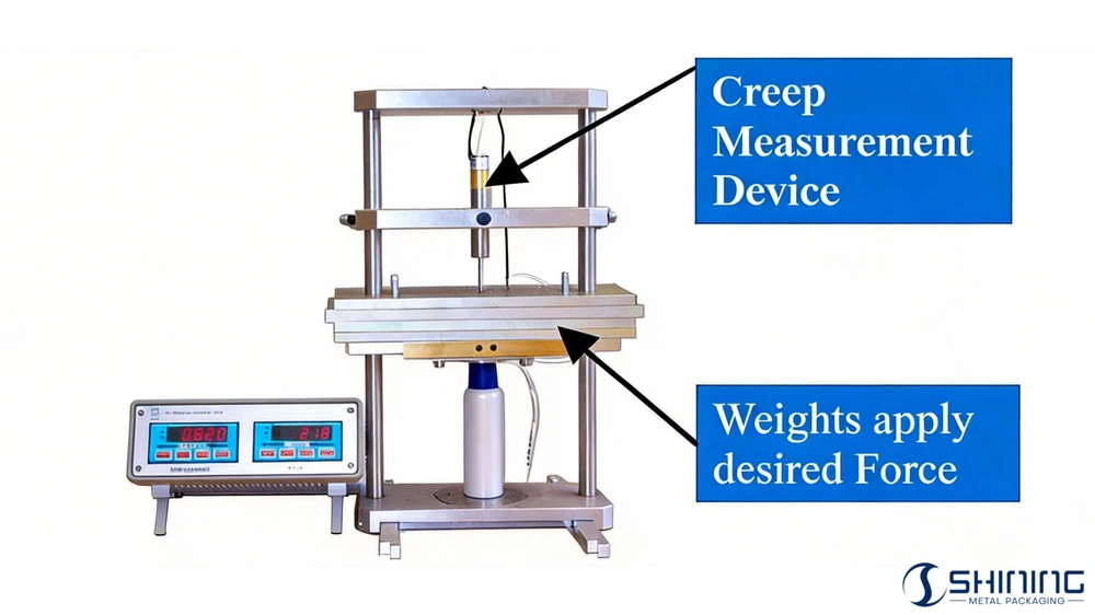 Испытательный стенд FEA 646 для измерения сопротивления верхней нагрузке, включающий жесткую раму, калиброванные грузы для приложения силы и цифровое устройство для измерения ползучести, контролирующее заполненный аэрозольный баллон.