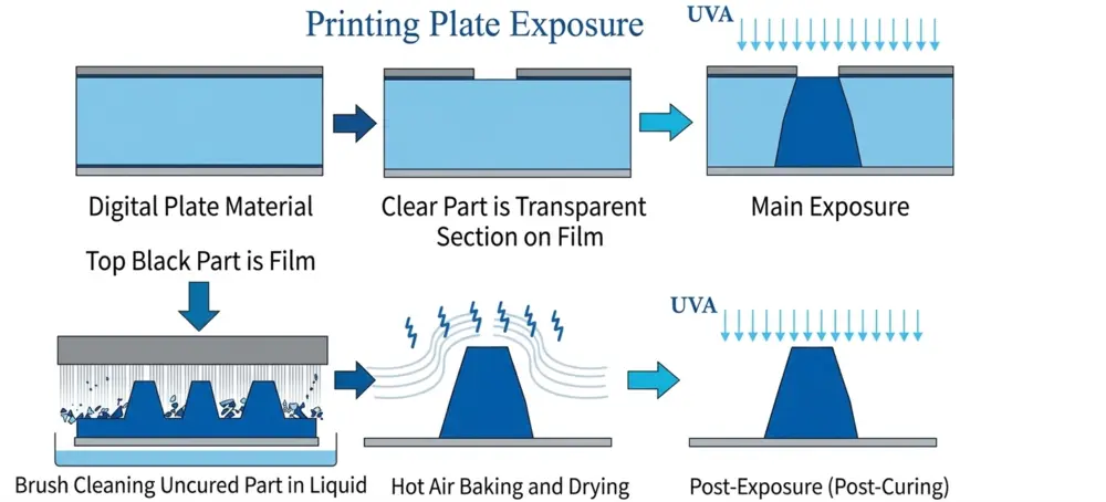 Diagram illustrating the UV exposure, washing, and curing steps required to create a resin printing plate for aluminum cans.