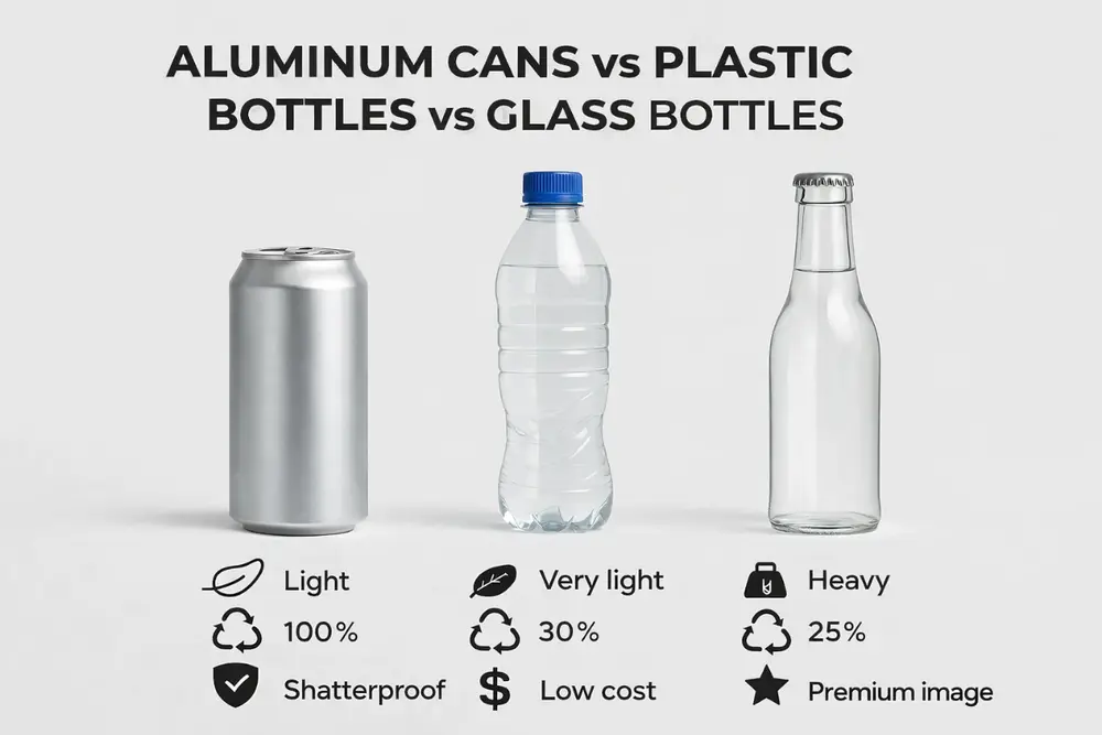 Aluminum Cans vs Plastic vs Glass Bottles: Which Packaging Is Better? 1 Infographic showing aluminum is shatterproof, plastic is low cost, and glass offers a premium image.