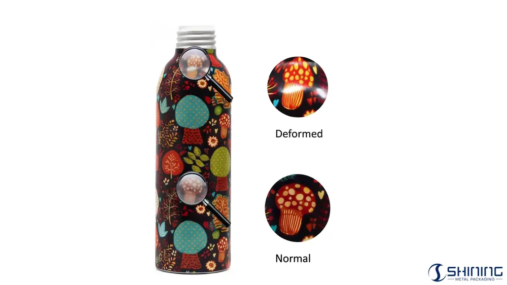 A comparison diagram showing how a mushroom pattern is deformed and stretched on the curved shoulder of an aluminum bottle versus its normal appearance on the straight body.
