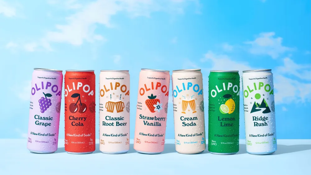 Les canettes de soda OLIPOP présentent un logo rétro coloré et contrastent avec la tendance actuelle des canettes élégantes.