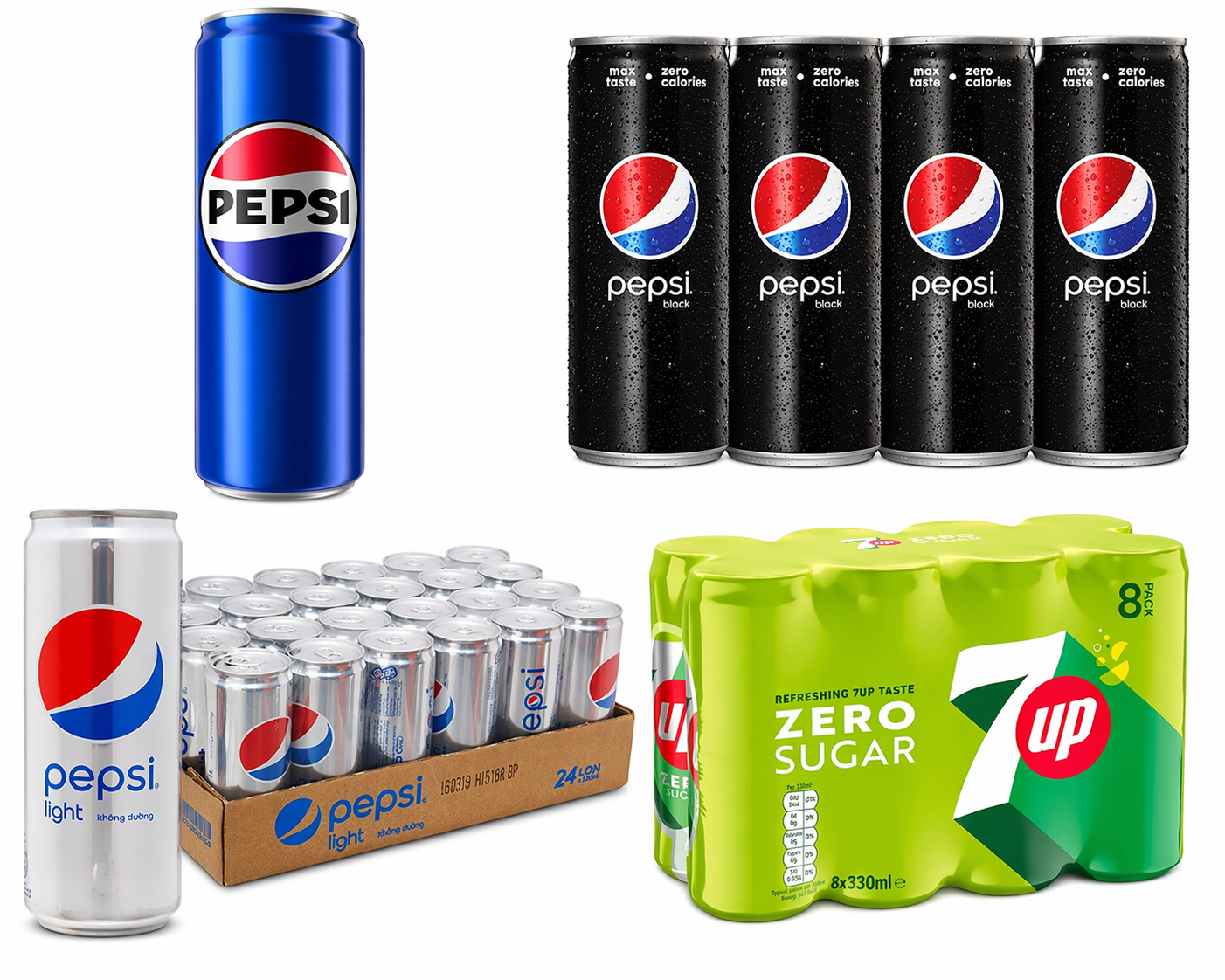 Les canettes élégantes de Pepsi et 7UP mettent en valeur leur statut de boissons sans sucre et leur emballage moderne et fin.