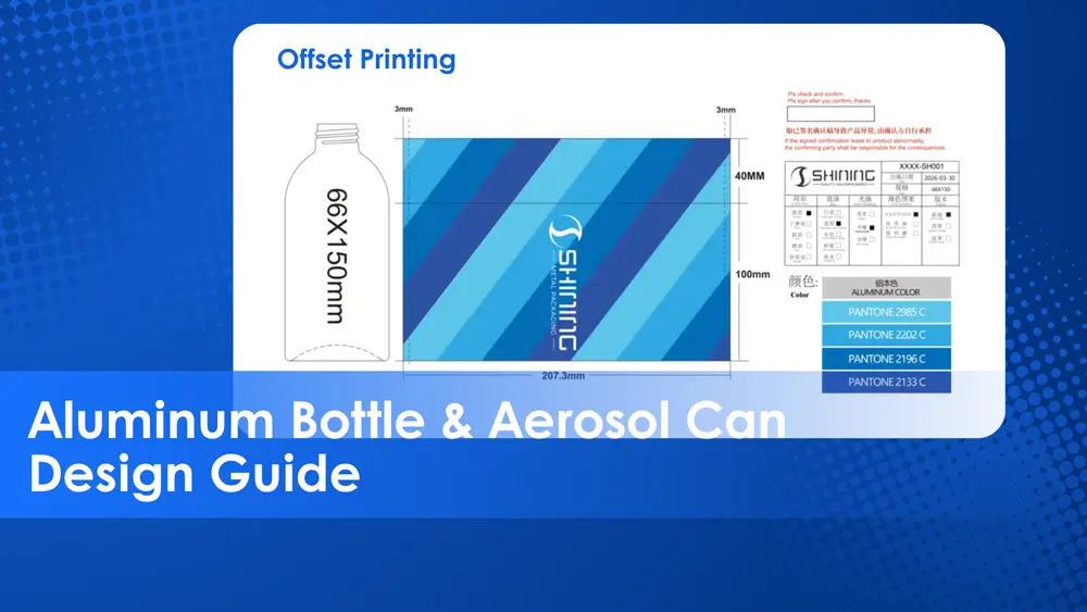Imagen de portada para una guía de diseño industrial que incluye pruebas técnicas de impresión, paletas de muestras de color y el título "Guía de diseño de botellas de aluminio y latas de aerosol"."