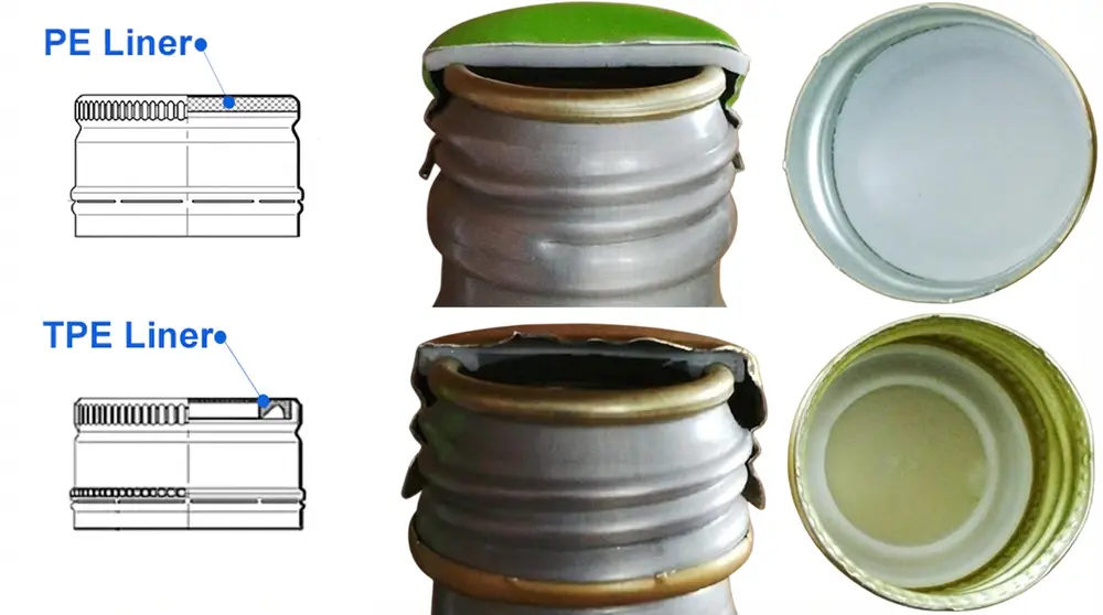 Comparison between PE liner and TPE liner for aluminum caps.
