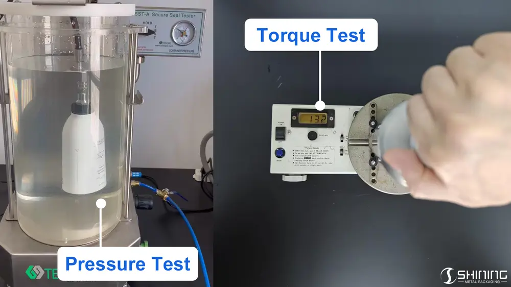 Torque test and secure seal pressure test for aluminum bottles
