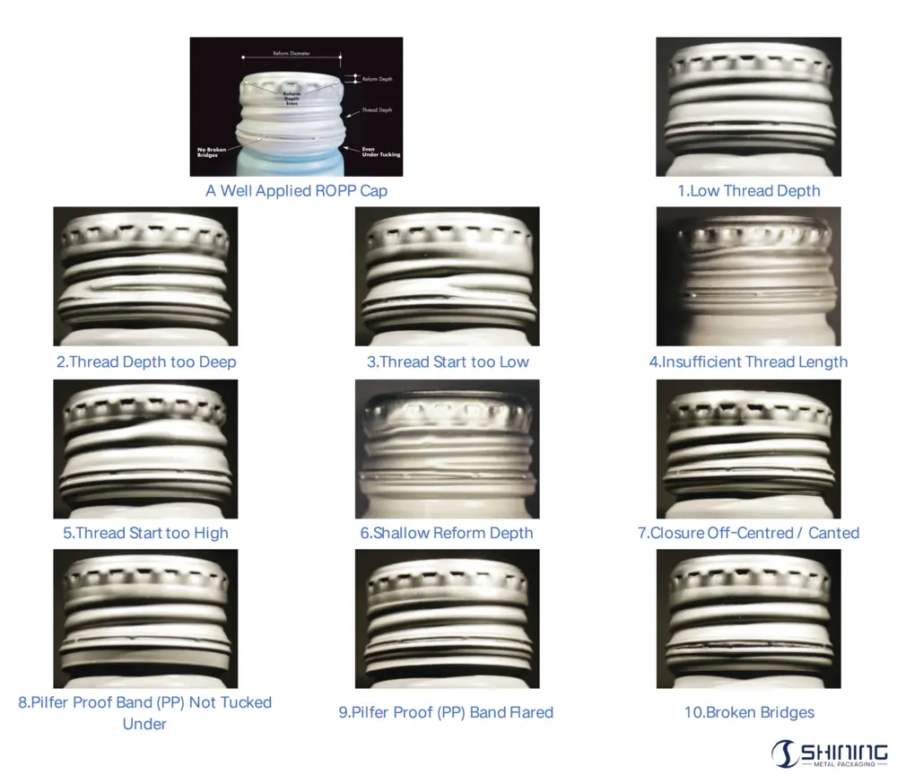 A comprehensive guide showing a well-applied ROPP cap versus 10 common capping defects on aluminum bottles.