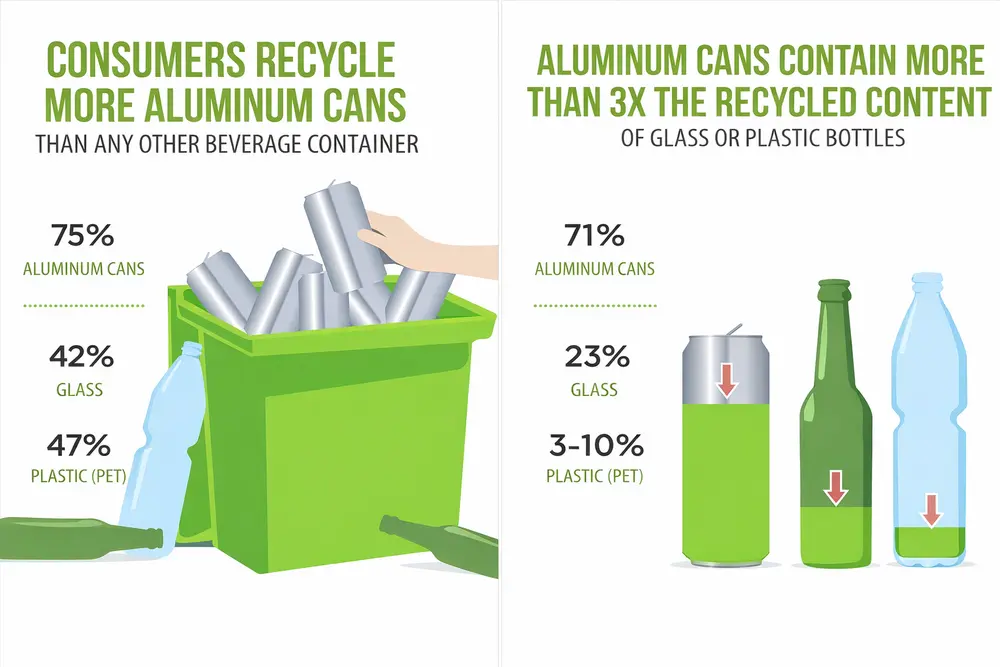 Aluminum Cans vs Plastic vs Glass Bottles: Which Packaging Is Better? 2 Chart showing consumers recycle 75% of aluminum cans compared to 42% for glass and 47% for plastic.