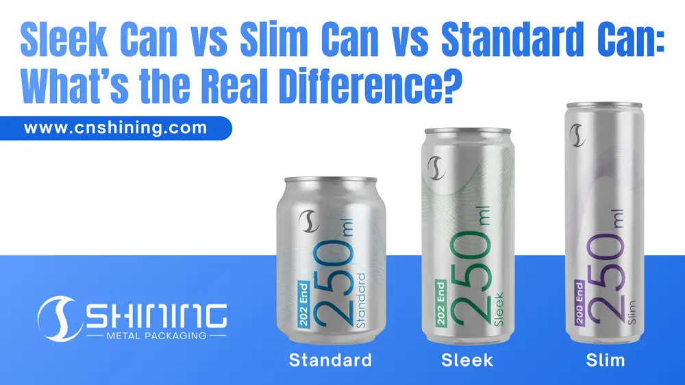 Comparison of Standard, Sleek, and Slim beverage cans showing 250ml volumes and lid types.