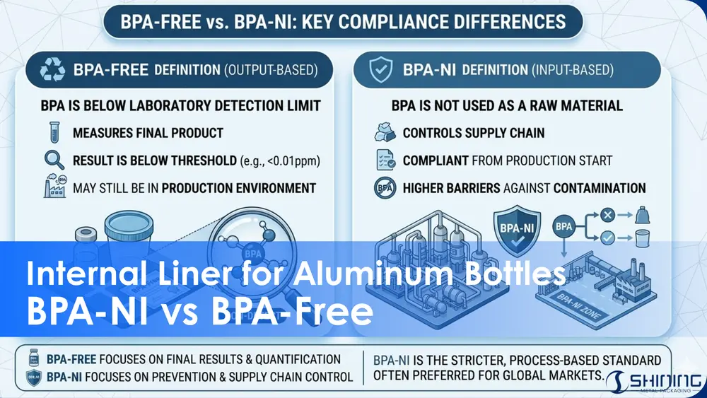 Comparison infographic of BPA-Free vs BPA-NI internal liners for aluminum bottles