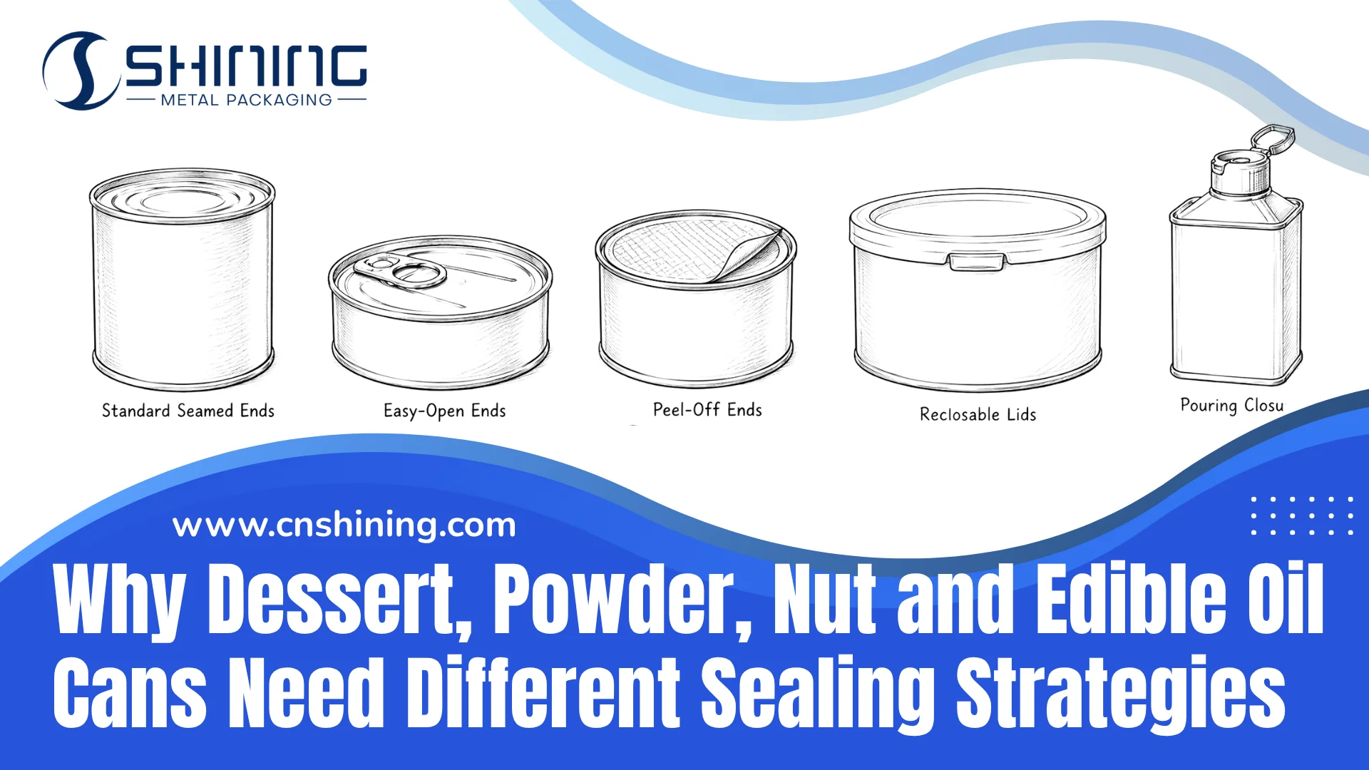 Metal food can sealing guide showing different closures including easy-open ends, peel-off ends, reclosable lids and pouring closures