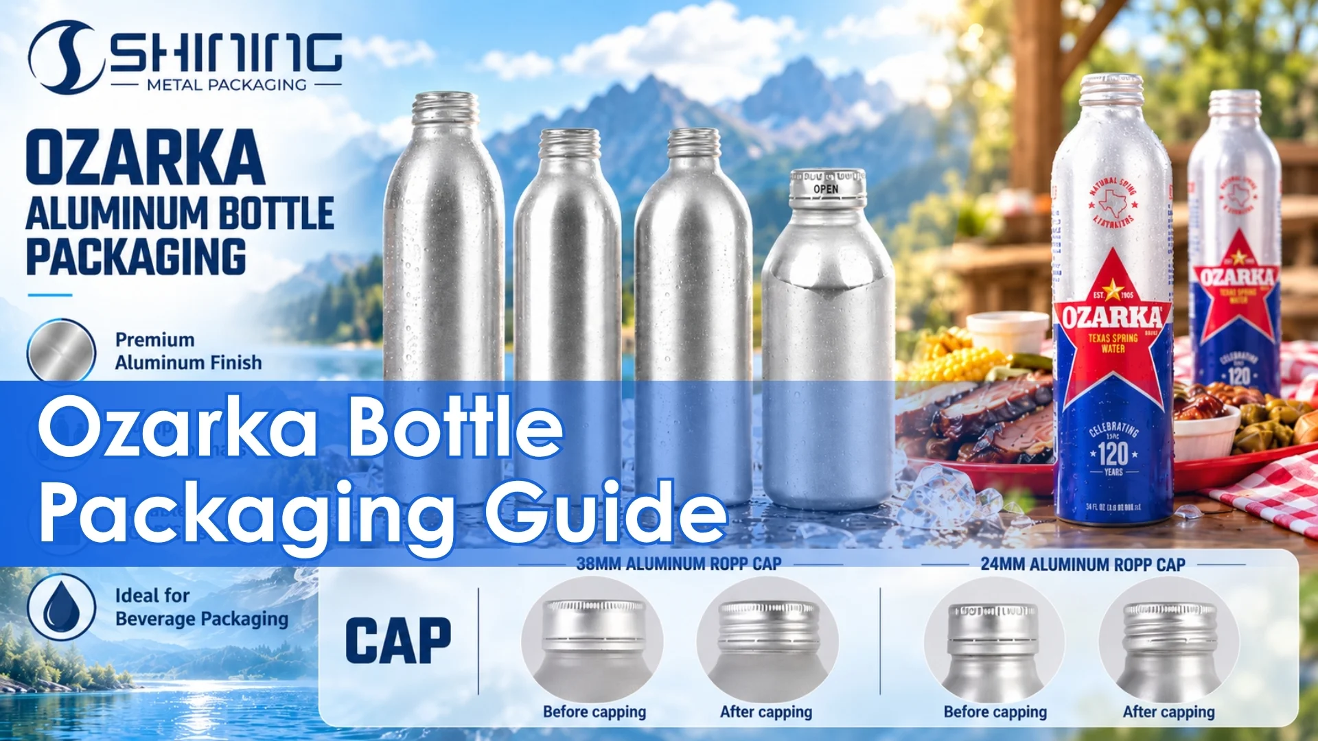 Ozarka aluminum bottle packaging guide featuring branded Texas spring water bottles, plain aluminum bottle designs, and 24mm and 38mm ROPP cap options