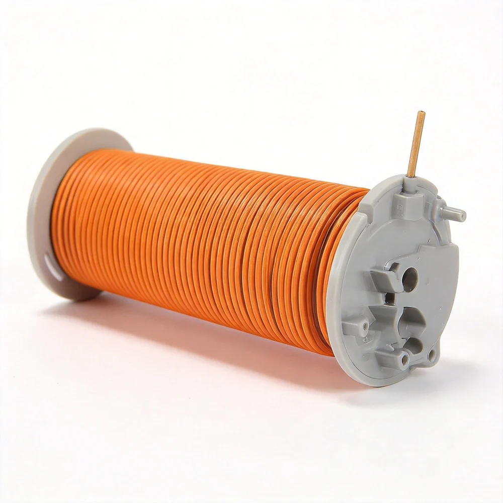 Electronic detonating cord spool with orange insulated lead wire for blasting systems